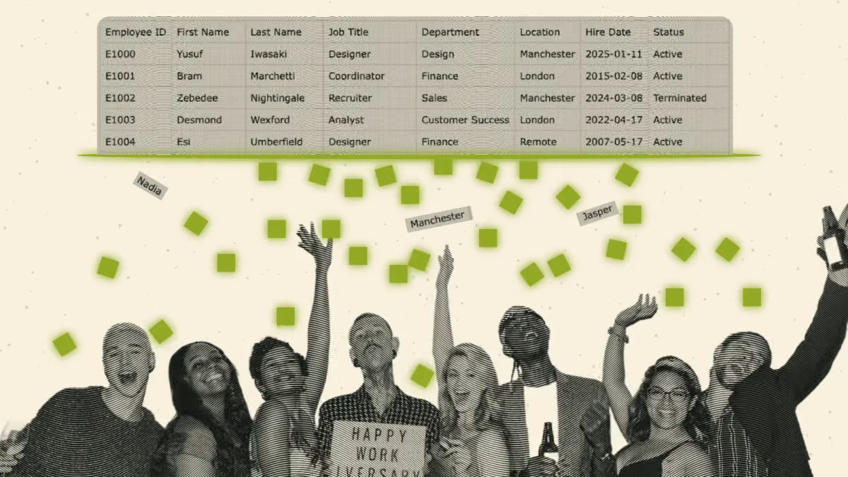 colleagues throwing a party celebrating work anniversaries under confetti made from a shredded-up spreadsheet