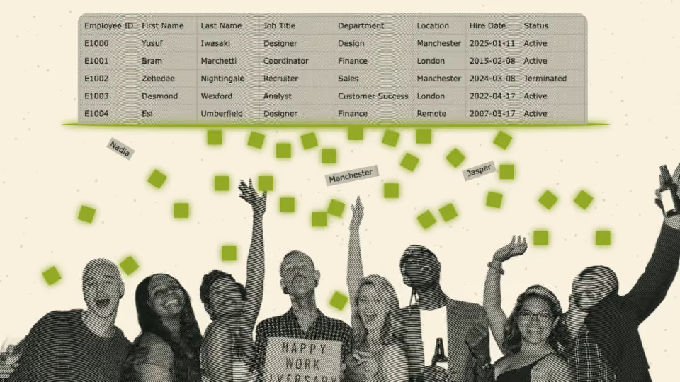 colleagues throwing a party celebrating work anniversaries under confetti made from a shredded-up spreadsheet